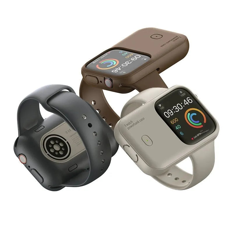 Apple Watch portable wireless charging case with silicone protective sleeve in Brown, Midnight Blue and Starlight colours.