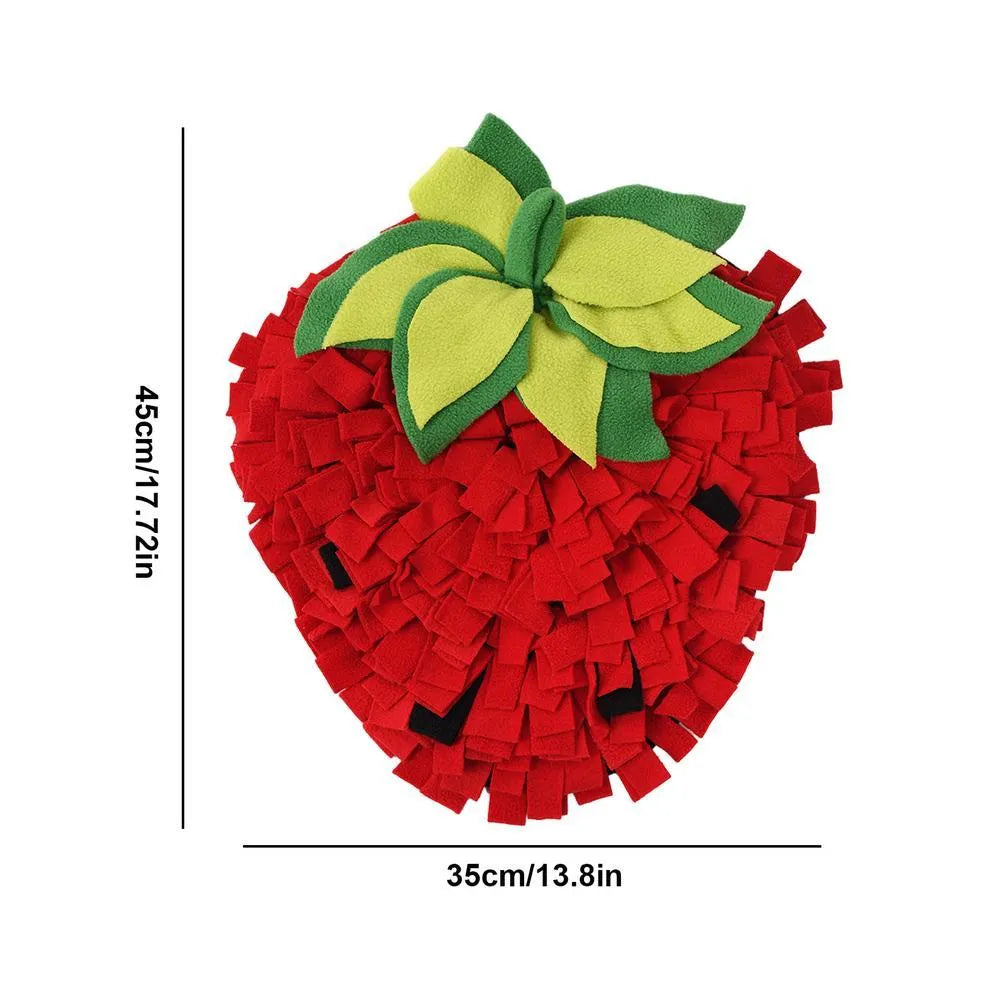 Red and green strawberry shaped pet slow feeder mat with textured foraging surface