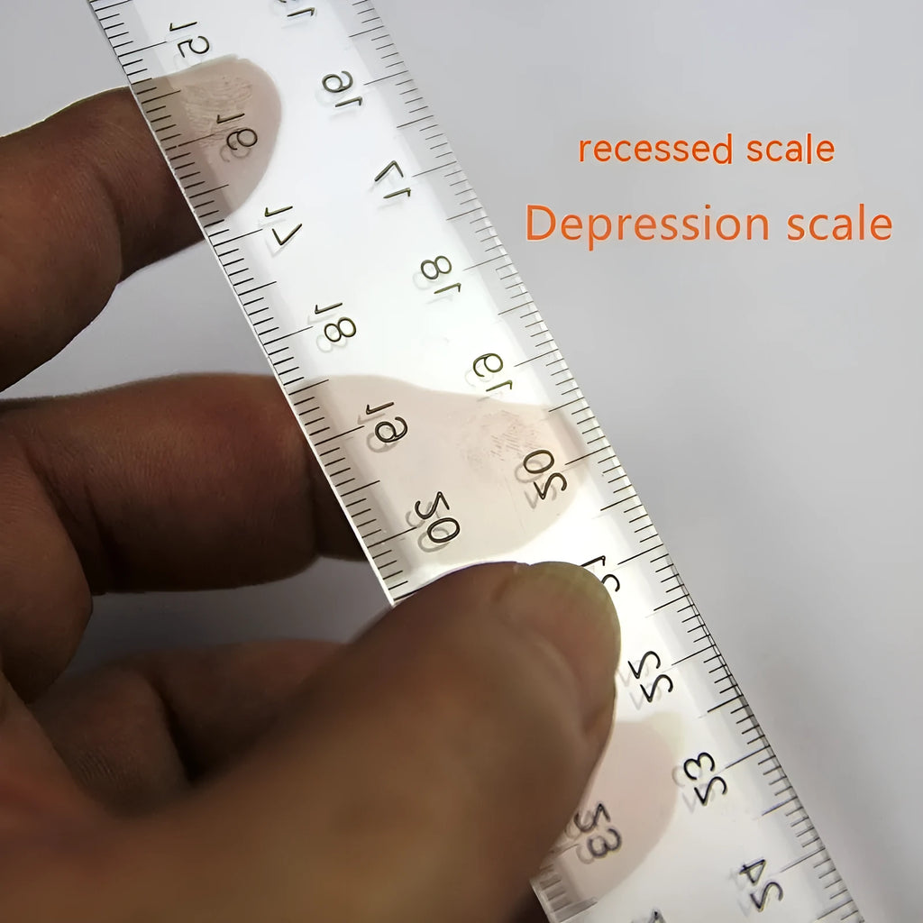 Orange transparent T-shaped plastic ruler with measurement markings on a white background