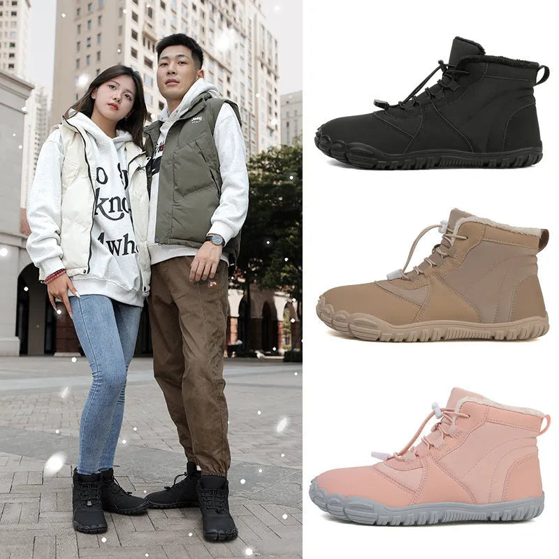 Unisex black waterproof snow boots with fleece lining and rubber soles on a white background