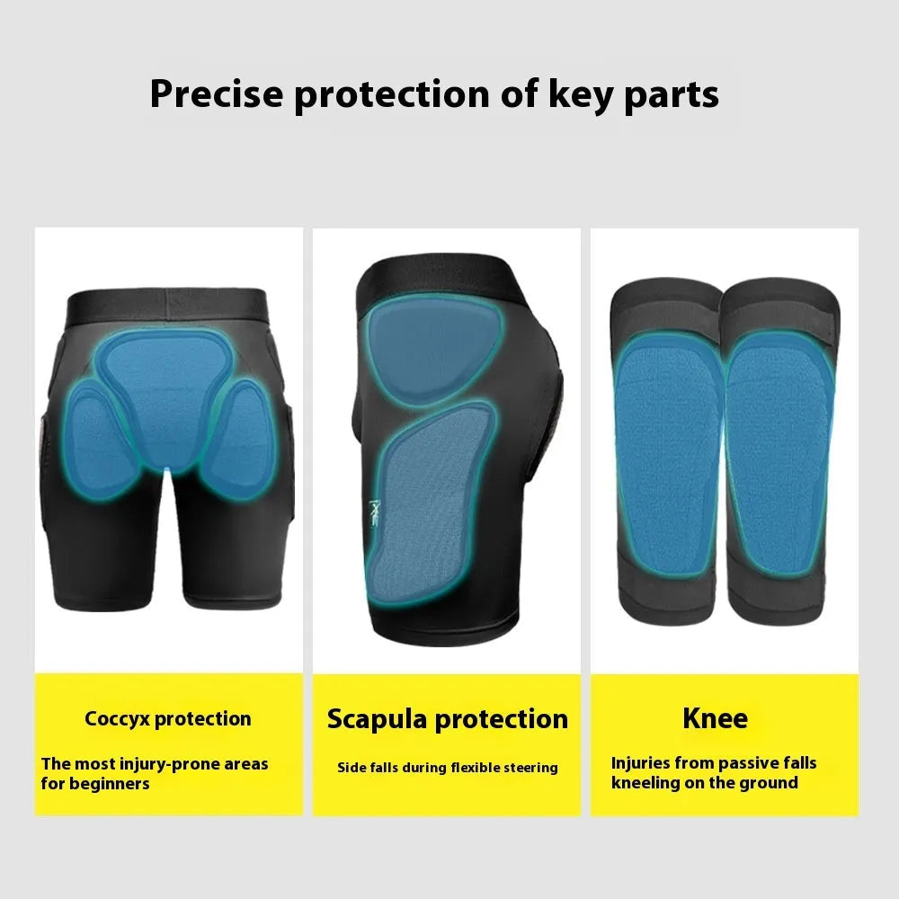 X-ray diffraction ski protective gear showing hip pad and knee pad styles for anti-fall sports safety.