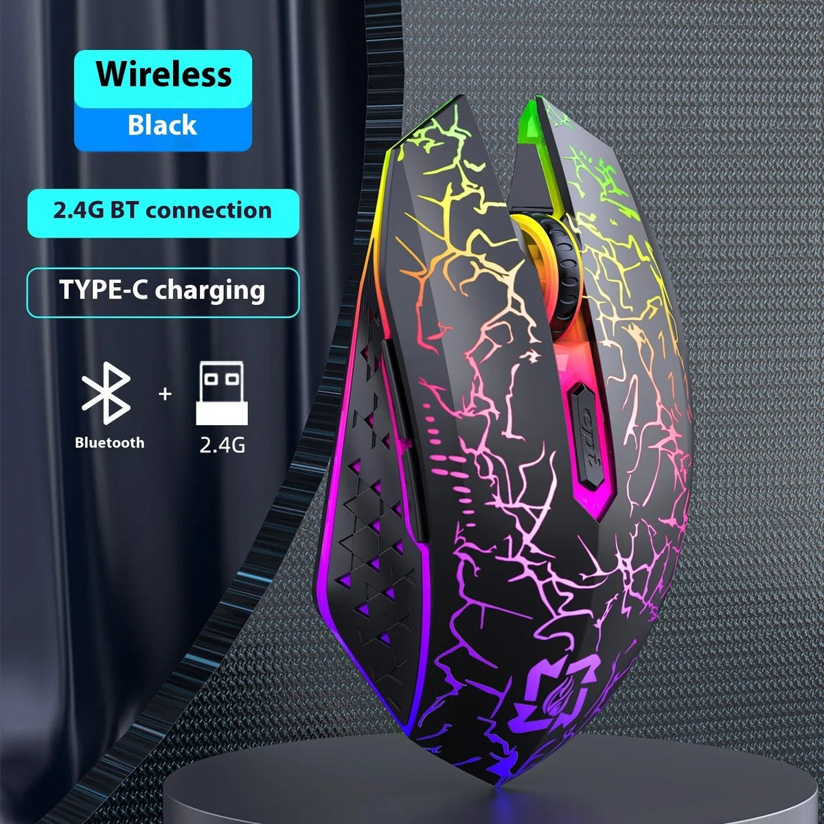 Black and white wireless gaming mouse with breathing lights and USB charging cable on desktop