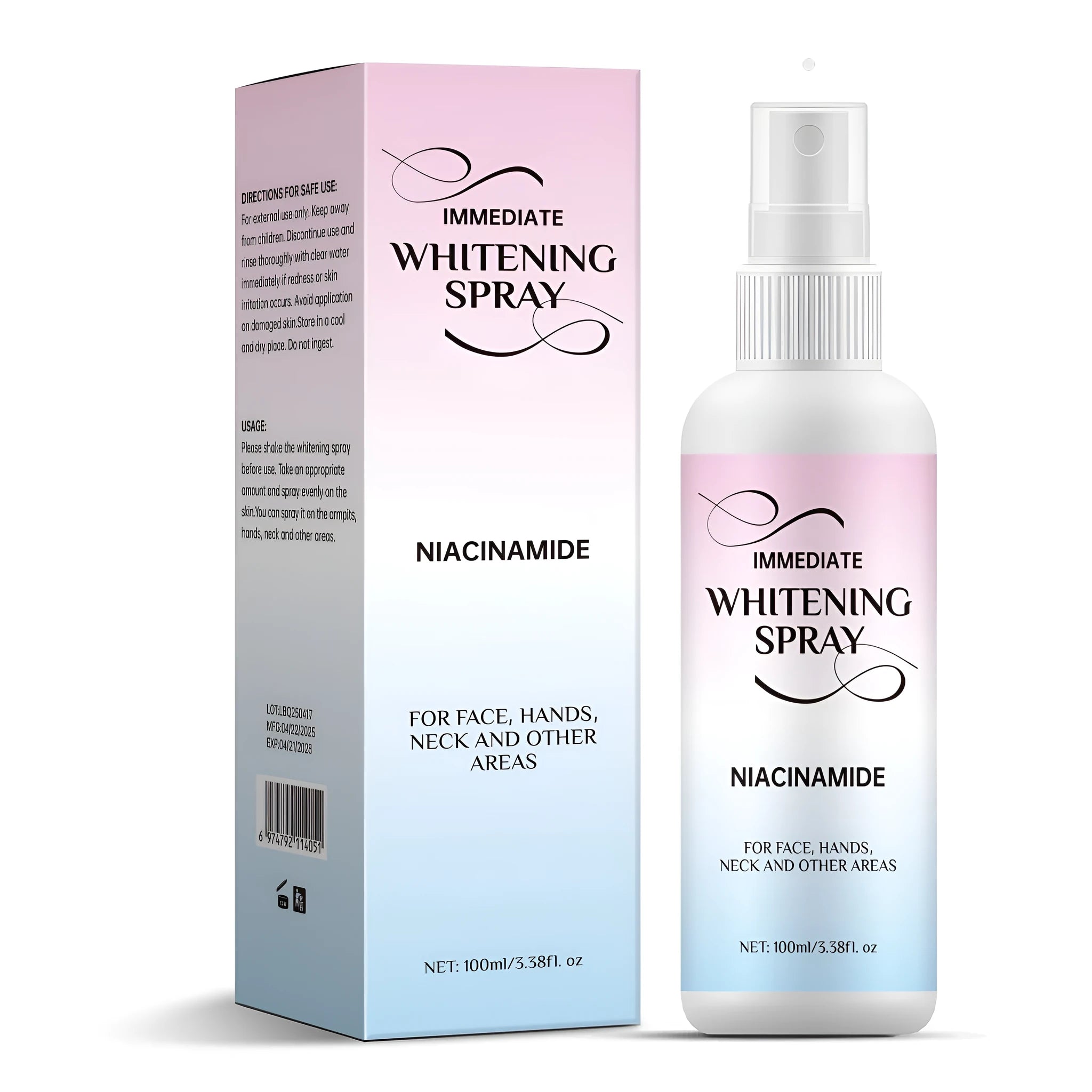 100ml pump spray bottle of sweat-proof whitening spray for skin colour brightening.
