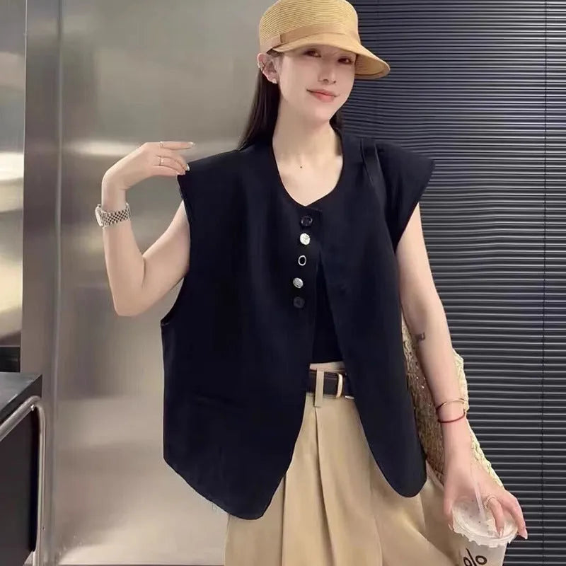 Women's solid colour polyester vest with pockets in loose fit and short 40cm length.