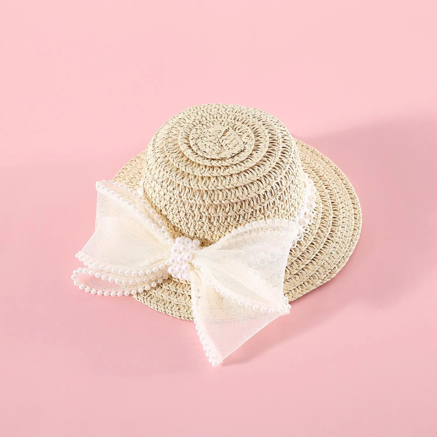 Woven Lafite leaf cat hat with pearl bow decoration in butterfly design