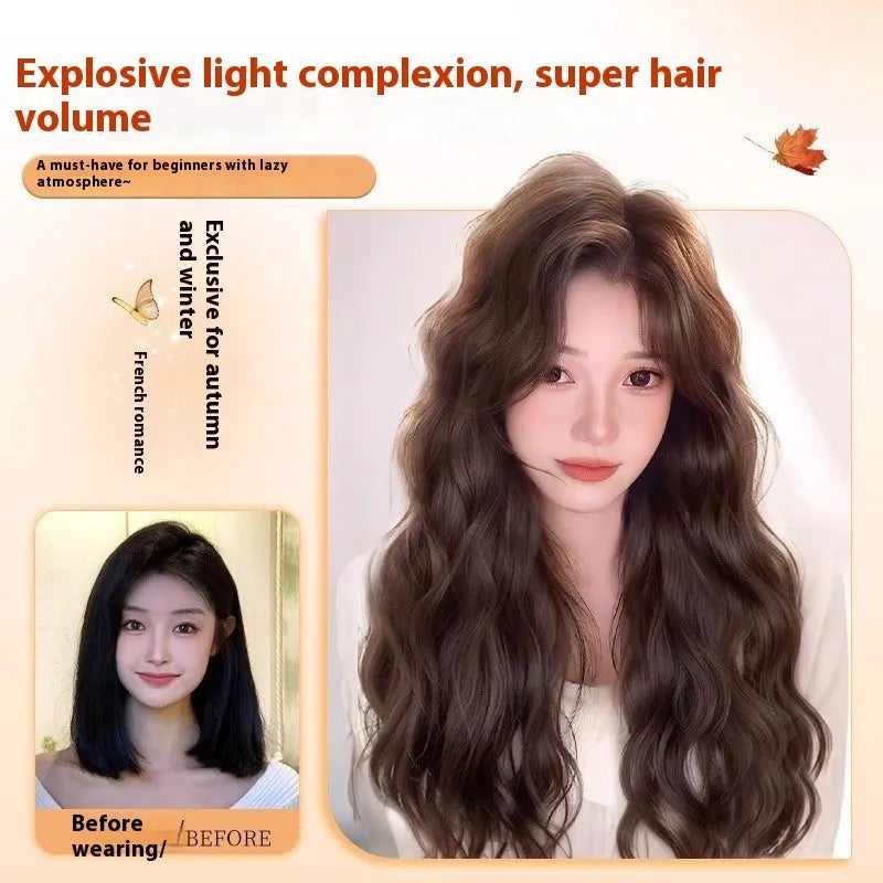 Women's full-head wig with long curly artificial hair and side bangs in brown black colour