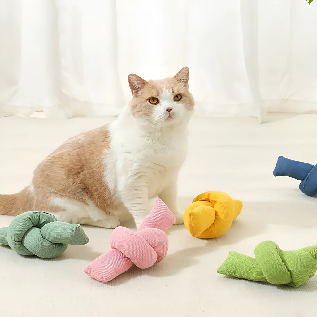 White natural cotton dog rope toy with hand-tied knots for tug play and dental flossing