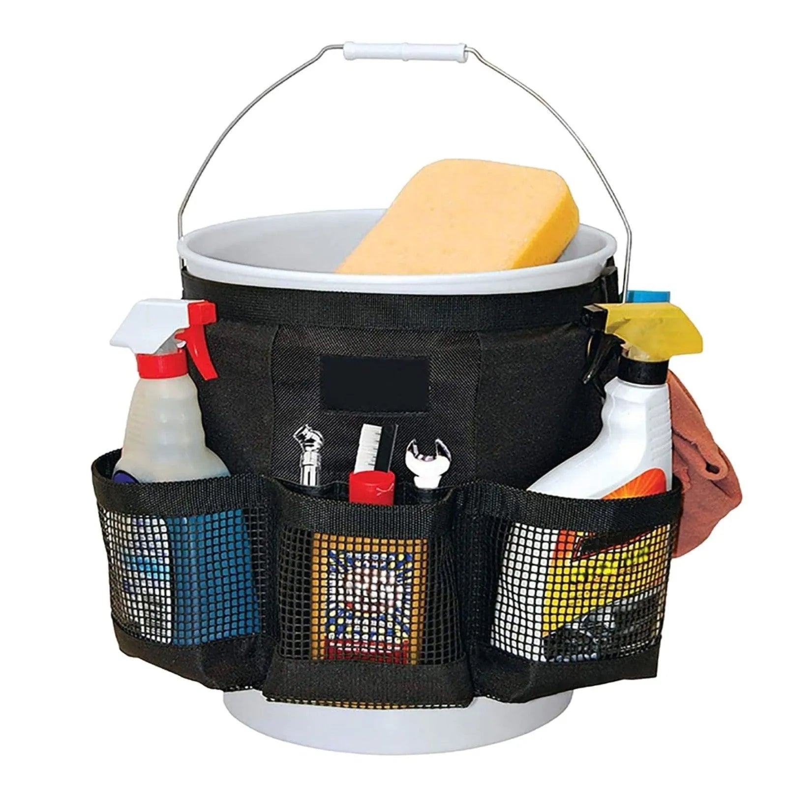 Black cylindrical polyester storage bag hanging on 5 gallon barrel for tool organisation