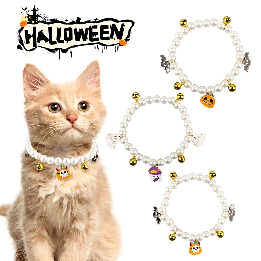 Halloween cat collar with simulated pearl necklace in pumpkin design