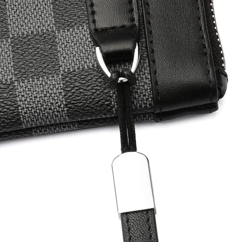 Men's black leather plaid clutch wallet showing 20x10cm dimensions and top layer cowhide texture