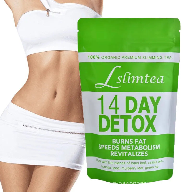 Box of 14-day herbal detox diet tea containing 14 individual sachets