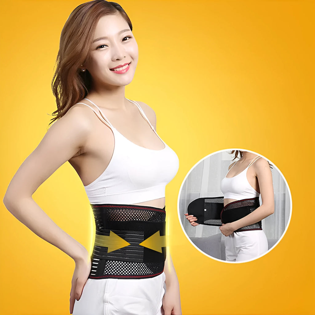 Black adjustable sports waist support belt with internal steel plate for lumbar decompression.