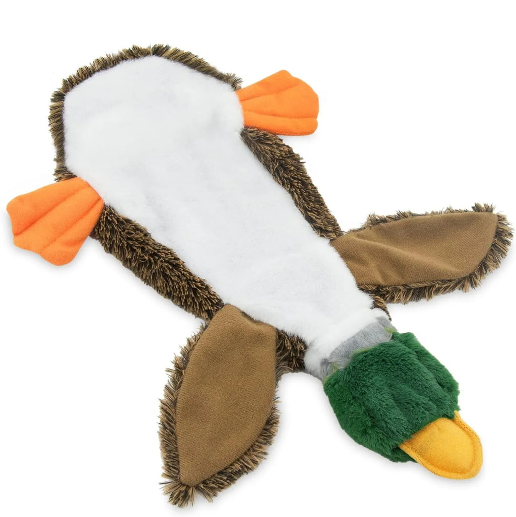 Green stuffless dog toy in wild duck design with squeakers and bottle cavity