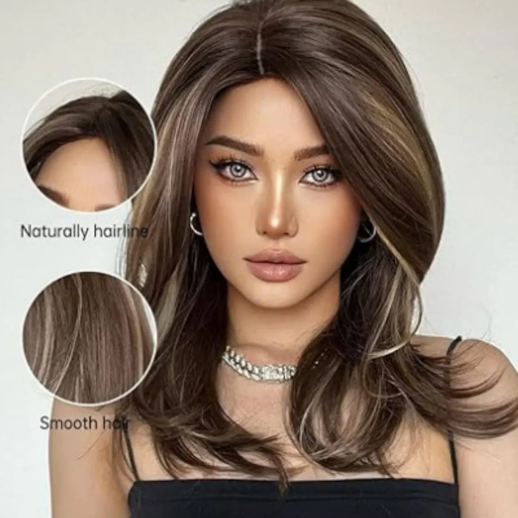 Mid-length platinum gradient colour full-head wig with long curly hair and bangs in high-temperature fibre