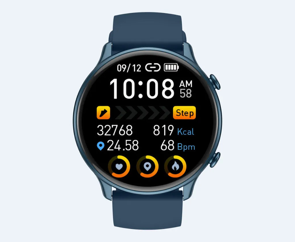Round smart sports watch with silicone strap showing heart rate and sleep tracking on its touch screen.