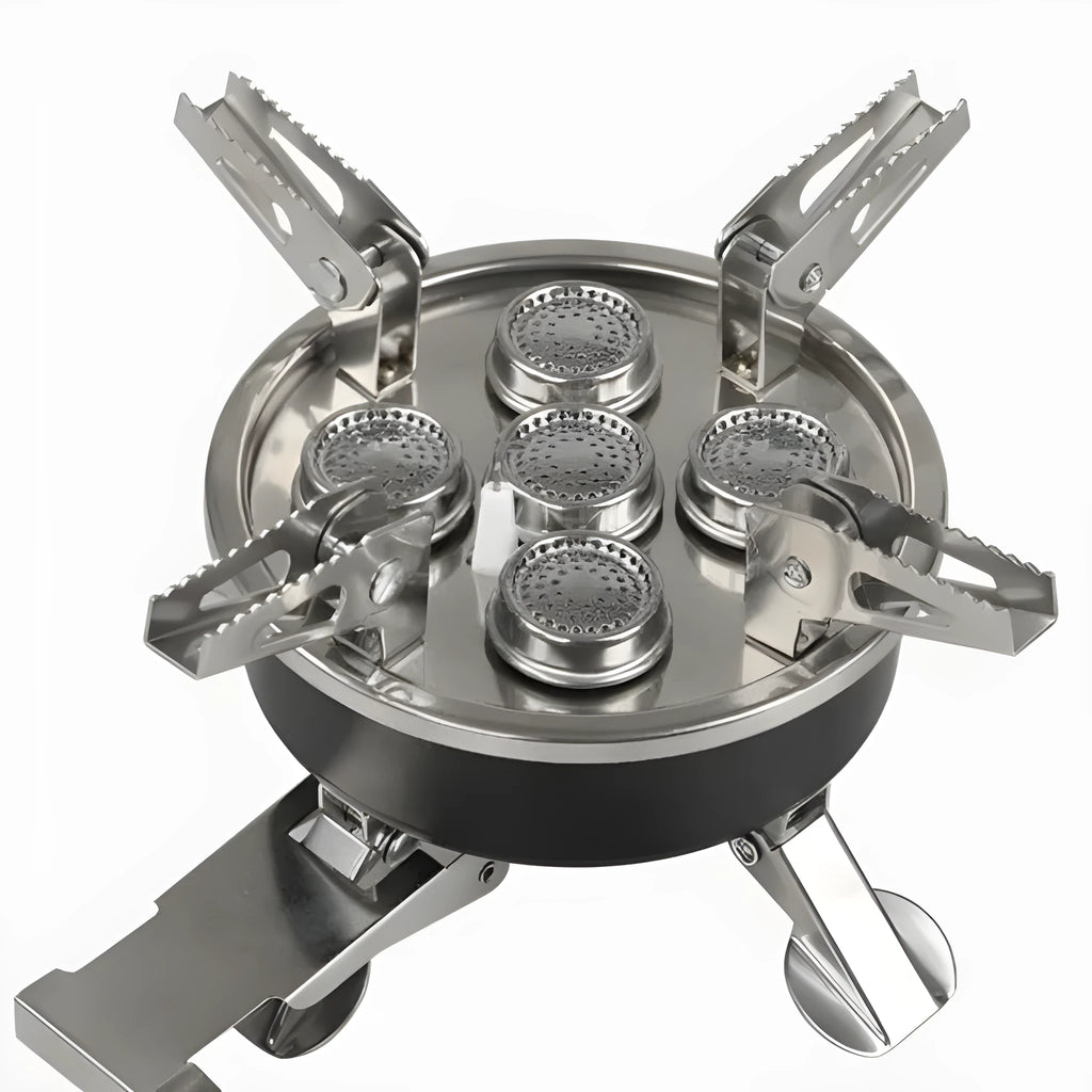 Silver portable split camping stove with stainless steel body and a long black hose, shown folded.