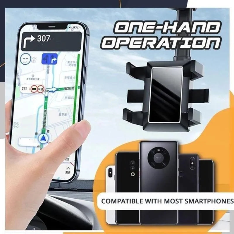 Black rearview mirror car phone holder showing 360 rotation and extended telescopic arm