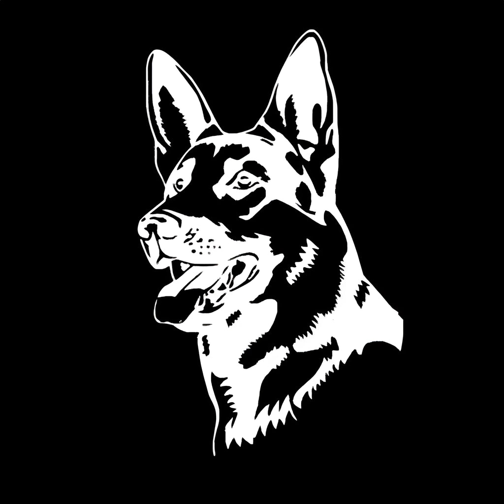 Reflective hunting dog car sticker showing Alsatian Shepherd design in silver white colour