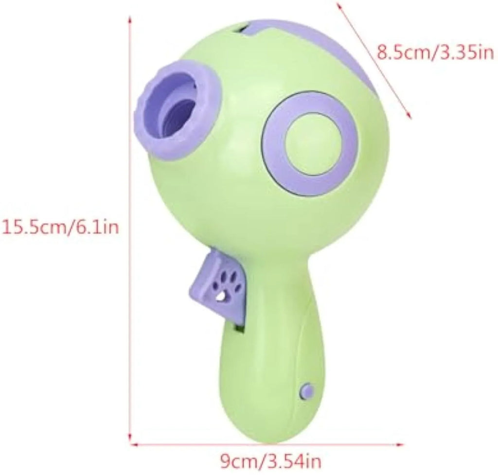 Green, orange, and pink dog treat launcher toy and slow feeder dispenser on a white background.