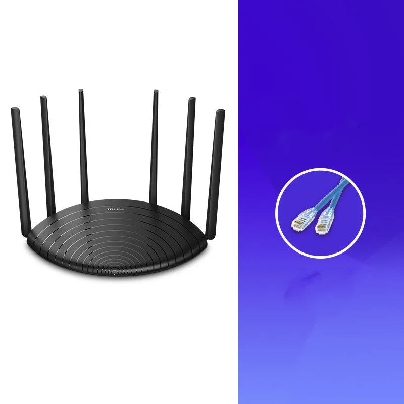 TP-Link TL-WDR7661 AC1900 wireless gigabit router on a desk, showing Ethernet ports and compact size.