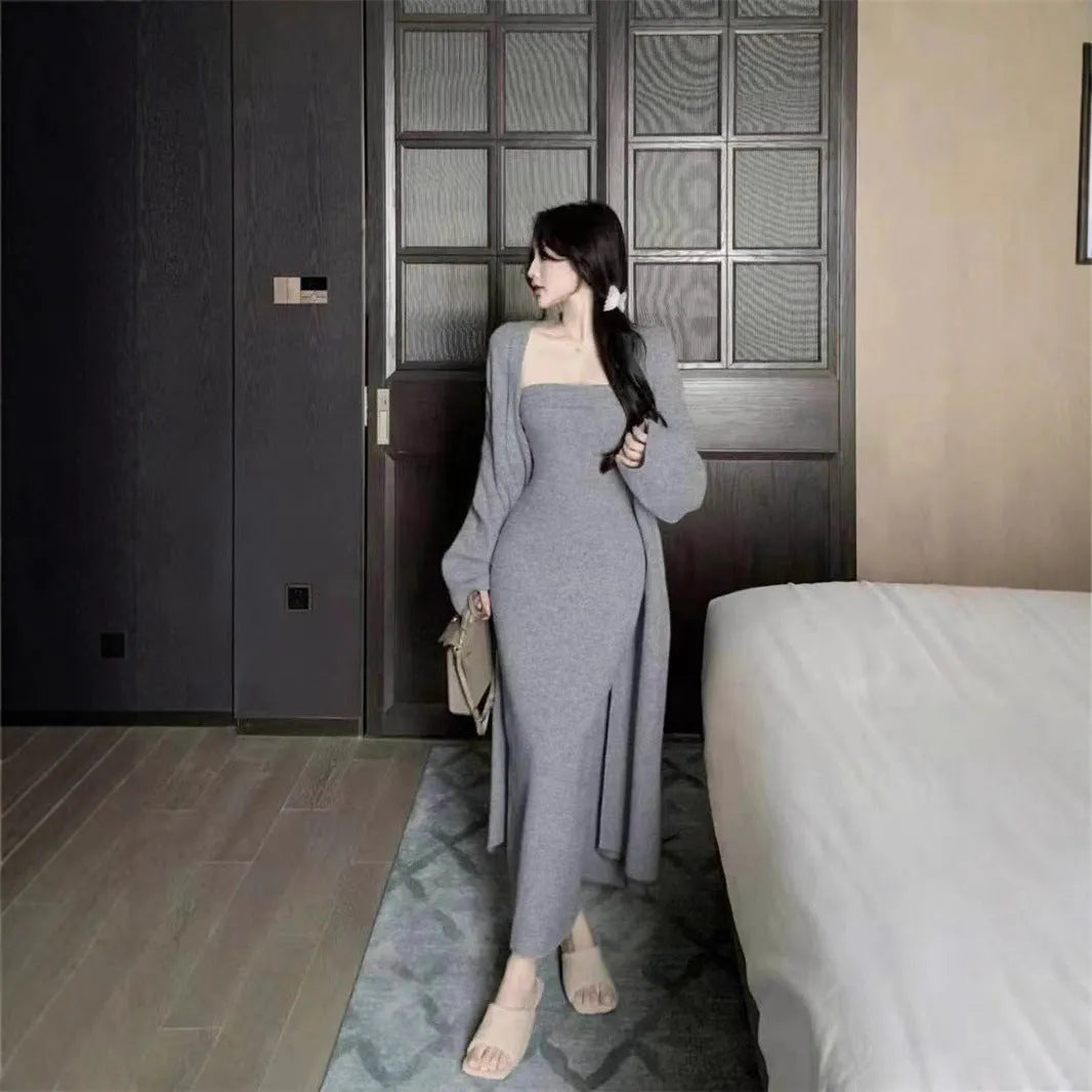 Women's grey knitted cardigan and dress sweater suit set showing both pieces laid flat.