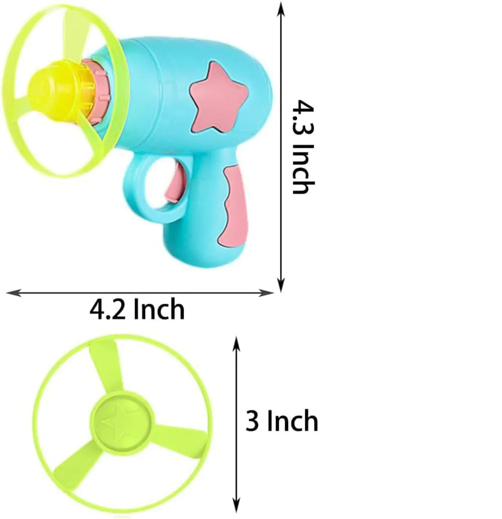 Blue interactive cat toy gun with spinning plastic frisbee for indoor cat chase play