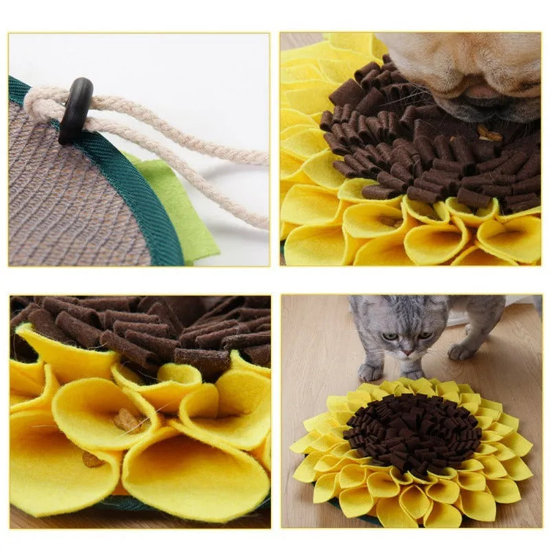 Yellow sunflower-shaped dog snuffle mat with fleece petals for treat hiding and slow feeding