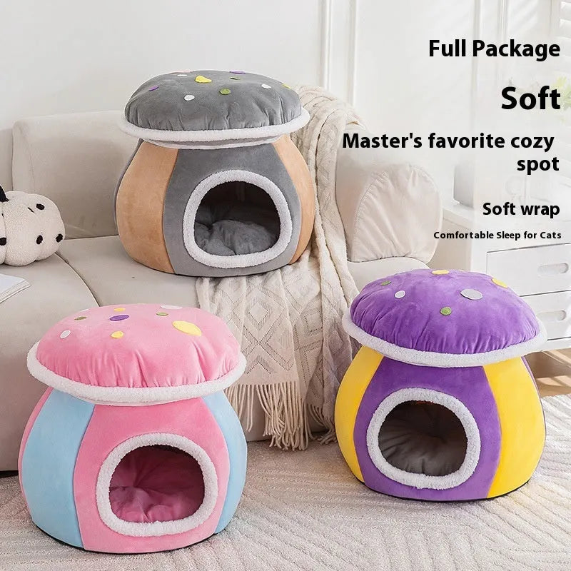 Mushroom-shaped cat bed with rabbit plush cover in grey pink purple colours