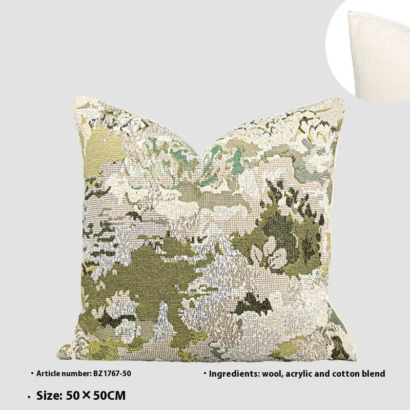 Antique green French-style abstract floral print on a wool blend decorative pillowcase.