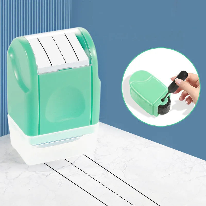 Simplified Roller English Line Seal plastic stamp in multiple colours on a surface.