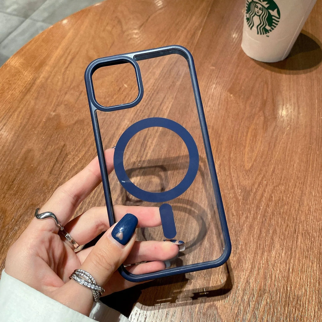 Transparent acrylic MagSafe phone case showing iPhone compatibility with magnetic attachment points