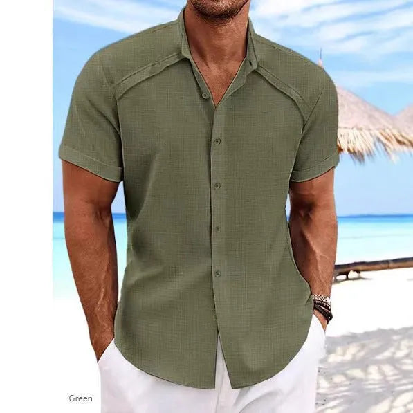 Men's solid colour short sleeve casual shirt in polyester-cotton fabric for summer