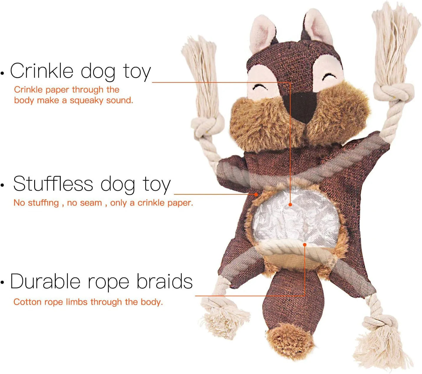 Brown fox-shaped plush dog toy with squeaker, crinkle paper, and cotton ropes in limbs.