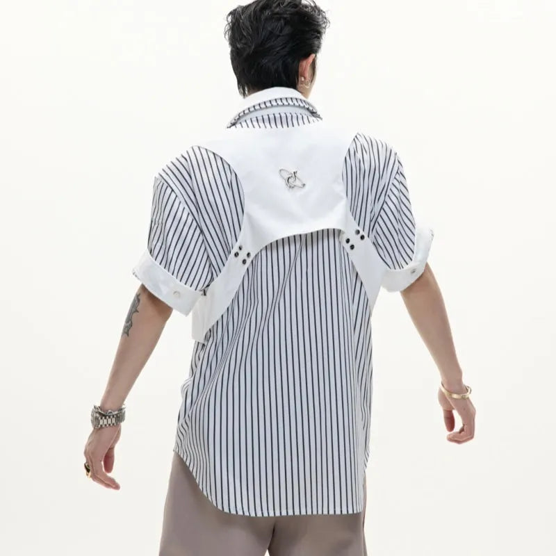 Black and white striped men's shirt with double lapel collar design