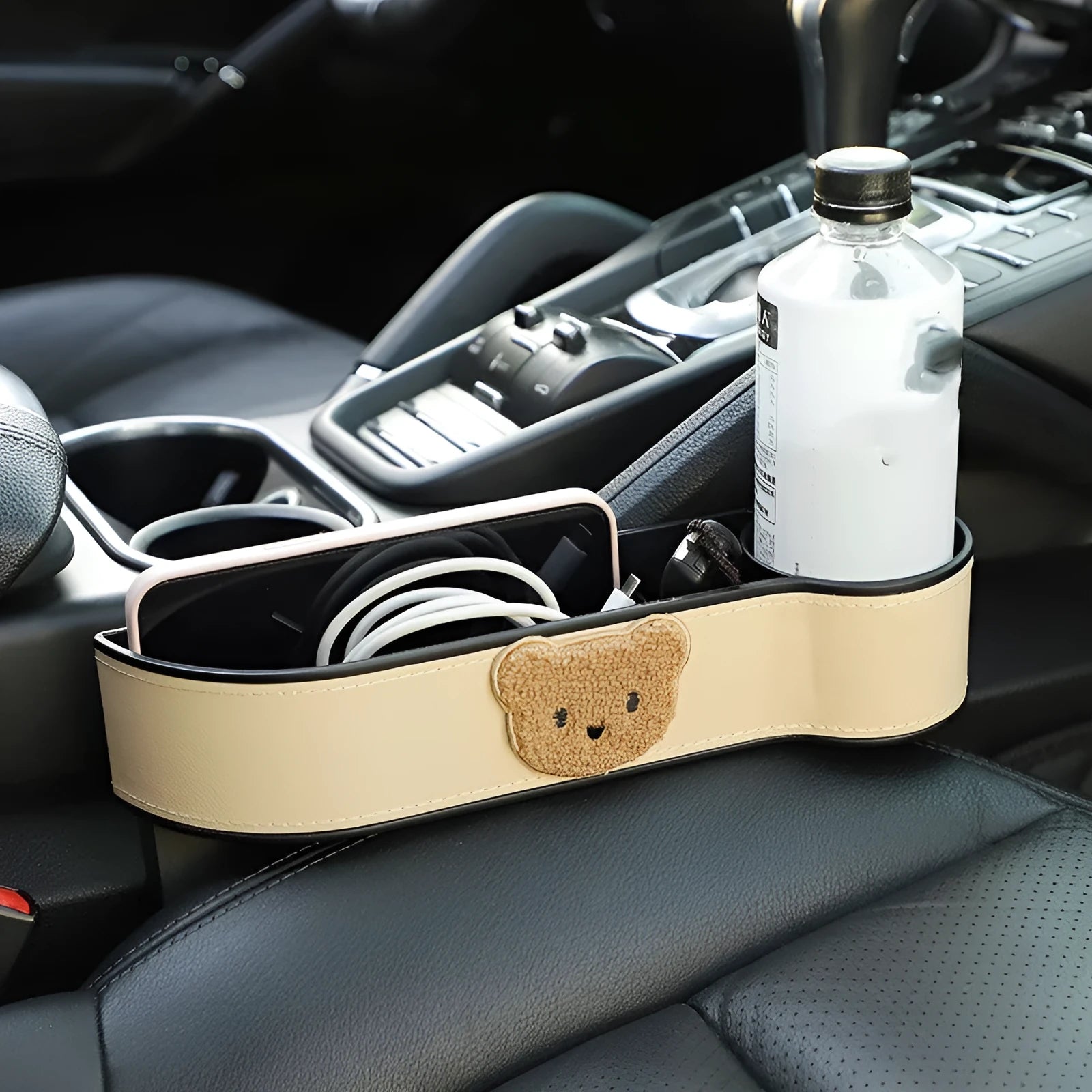 Leather car seat gap storage box with cartoon bear design for vehicle organisation