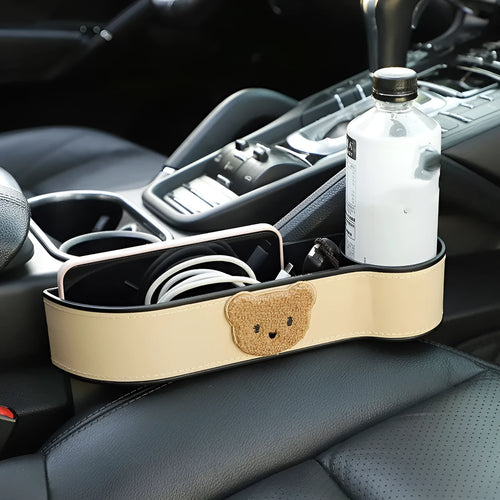 Leather car seat gap storage box with cartoon bear design for vehicle organisation