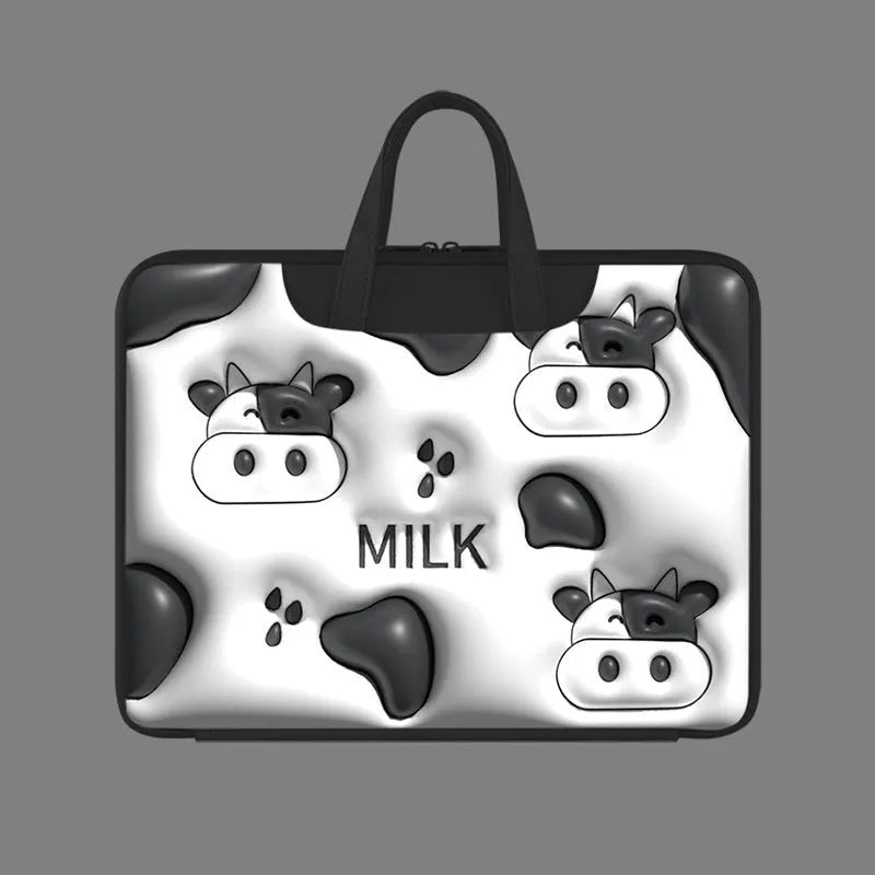 Inflatable PU leather laptop bag with carry strap, shown in a cute panda design.