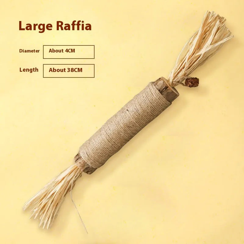Wooden cat teeth grinding rod toy showing its 2.2cm thickness, with examples of the Lafite grass and chicken feather style variants.