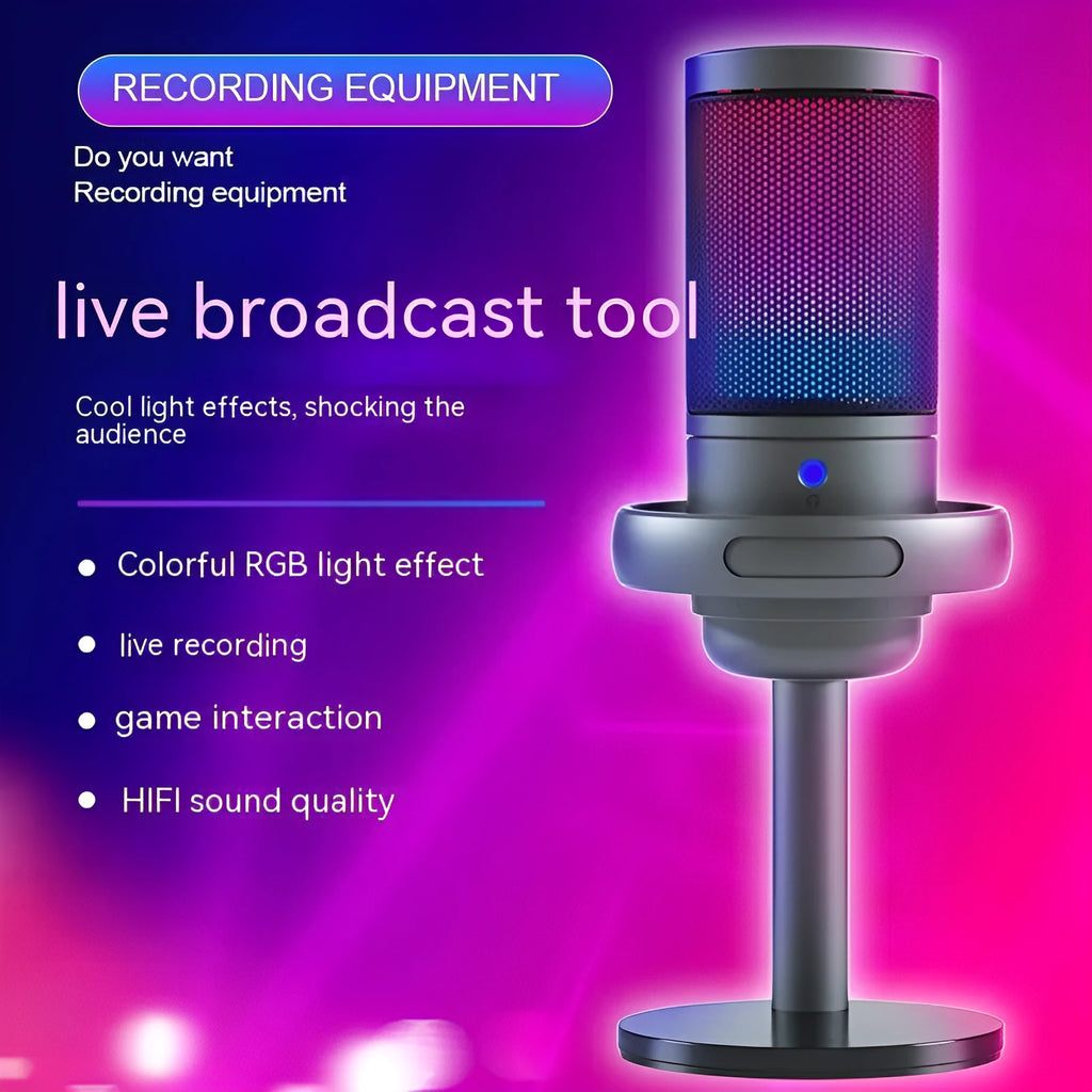 Condenser microphone with RGB lighting in black, white, or pink colour for live streaming on PC.