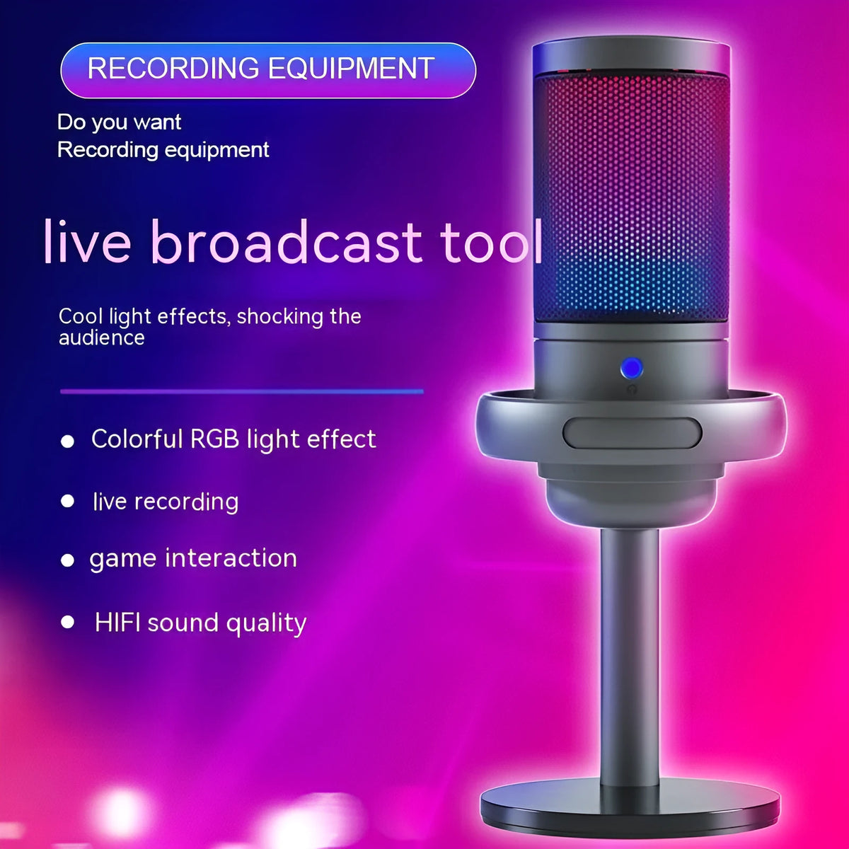 Condenser microphone with RGB lighting in black, white, or pink colour for live streaming on PC.