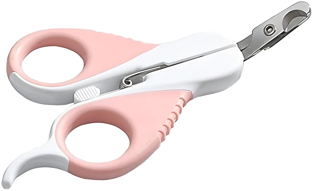 Grey and pink angled pet nail clippers with safety lock and rubber handles.