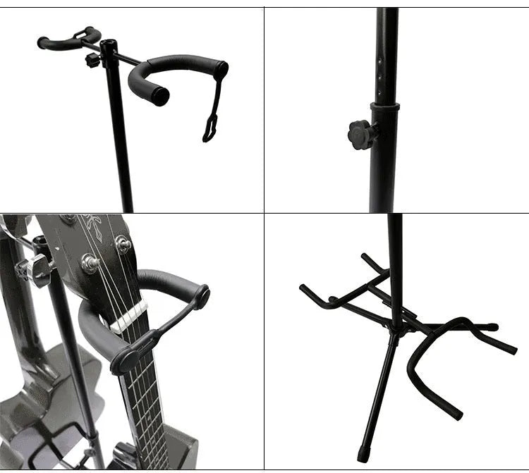 Black vertical guitar stand with double heads and adjustable support arms for acoustic and electric instruments