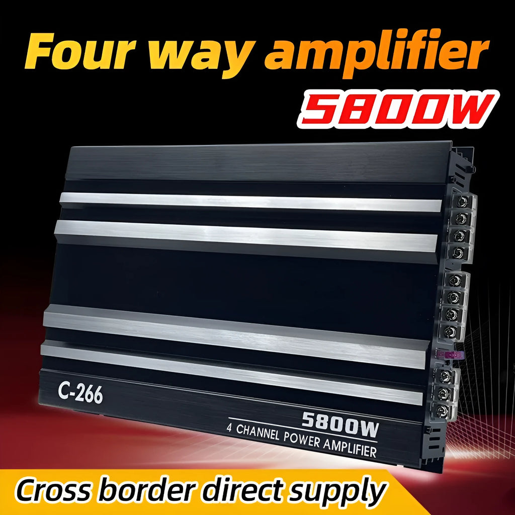 Four channel car amplifier in aluminum alloy with Silver Black C266 finish, 12V, 240W at 4Ω, 2-4ω impedance.