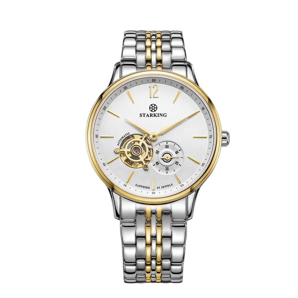 Automatic mechanical business watch with brown leather strap and stainless steel case