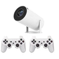 White Barrel X10 PLUS portable smart projector with gamepad and remote control on table