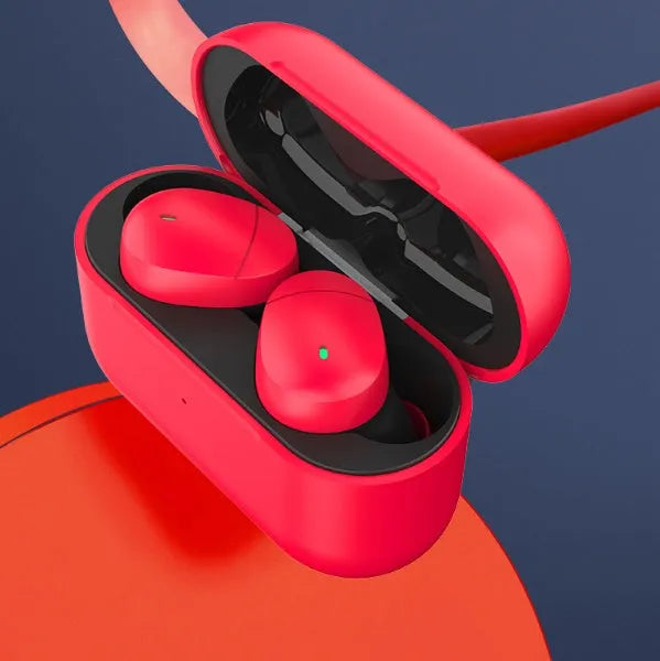 Flame red Qualcomm TWS 3040 Bluetooth 5.2 wireless earplug headset with charging cable.
