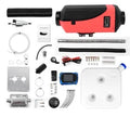 Red and black 12V 24V diesel air heater kit with fuel tank for truck van camper heating