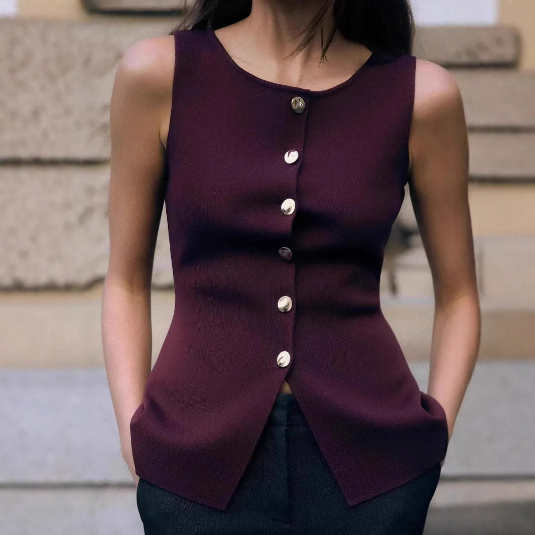 Women's dark red sleeveless sweater vest with gold buttons and slim fit design