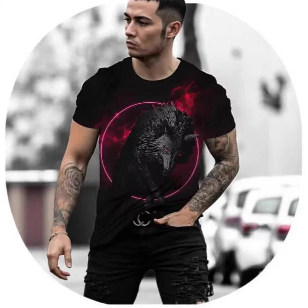Close-up of a men's retro style t-shirt with a detailed 3D animal graphic print on thin polyester fabric.