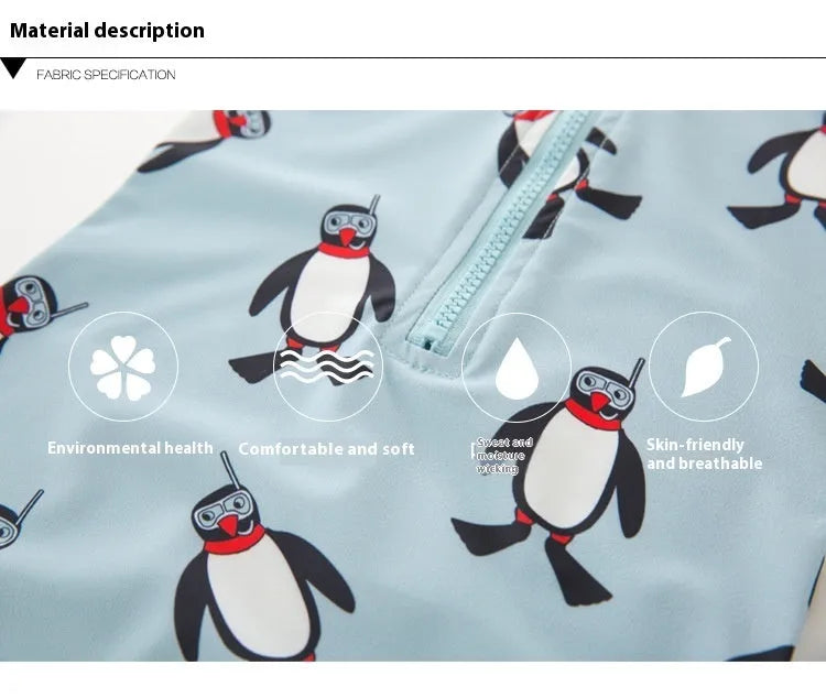 Boys' penguin print long sleeve swim shirt and matching swim cap set.